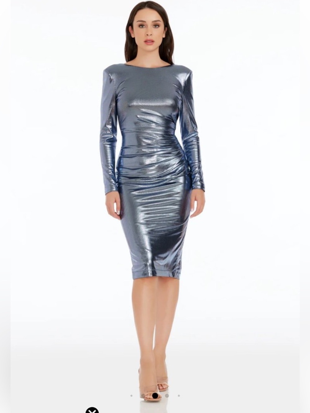 Dress the Population Metallic Slate Blue Long-Sleeve Bodycon Dress